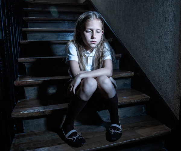 Sad Depressed Unhappy Schoolgirl Suffering Bullying Abuse Feeling Lonely Hopeless — Stock Photo, Image