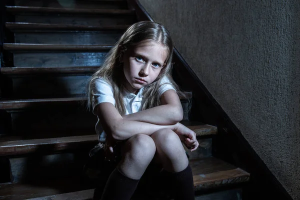 Sad Depressed Unhappy Schoolgirl Suffering Bullying Abuse Feeling Lonely Hopeless — Stock Photo, Image