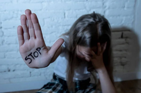 Young Cute Scared Little Schoolgirl Showing Text Stop Written Her — Stock Photo, Image