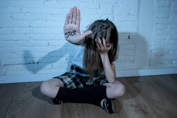 Young Cute Scared Little Schoolgirl Showing Text Stop Written Her — Stock Photo, Image