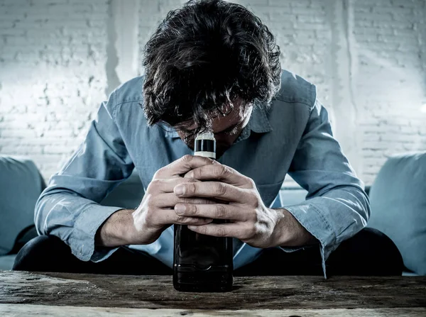 Drunk Alcoholic Lain Business Man Drinking Whiskey Bottle Glass Depressed — Stock Photo, Image