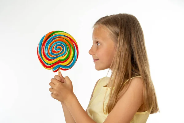 Schattig Gelukkig Kind Met Snoep Lollipop Gelukkig Meisje Lollipop Grote — Stockfoto