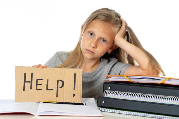 Cute Little School Girl Holding Help Sign Stress Books Homework — Stock Photo, Image