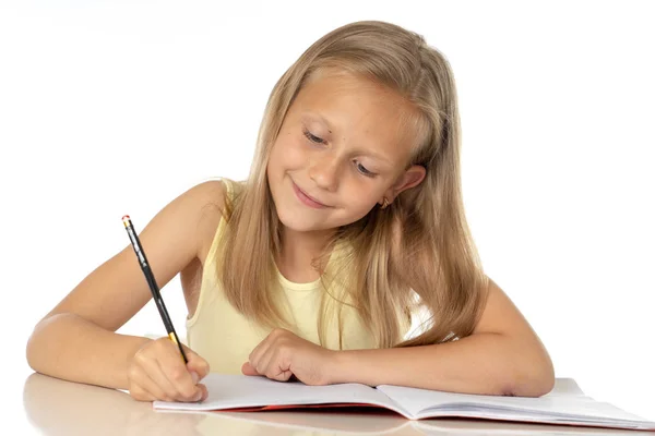 Education Home Concept Cute Young Little Blonde Caucasian Girl Studying — Stock Photo, Image