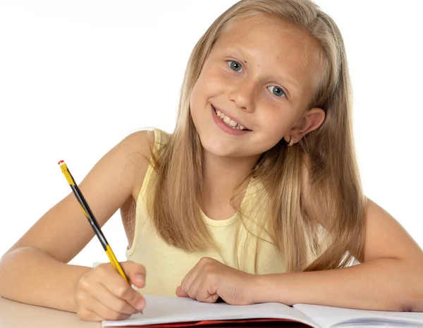 Education Home Concept Cute Young Little Blonde Caucasian Girl Studying — Stock Photo, Image