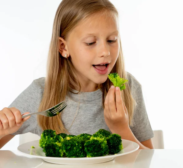 Happy Young Blonde Girl Eating Her Broccoli Vegetables Healthy Child — Stock Photo, Image