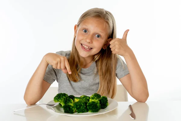 Happy Young Blonde Girl Eating Her Broccoli Vegetables Healthy Child — Stock Photo, Image