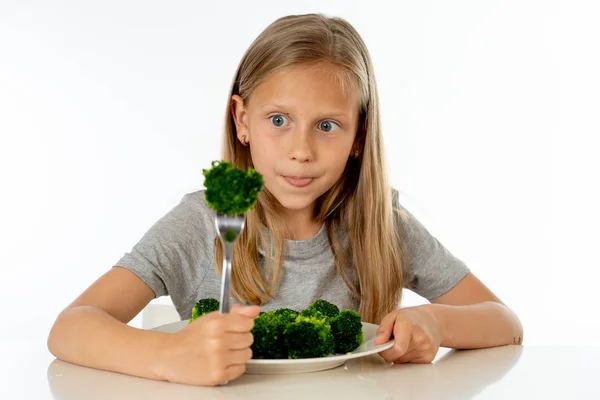 Happy Young Blonde Girl Eating Her Broccoli Vegetables Healthy Child — Stock Photo, Image