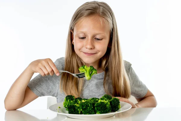 Happy Young Blonde Girl Eating Her Broccoli Vegetables Healthy Child — Stock Photo, Image