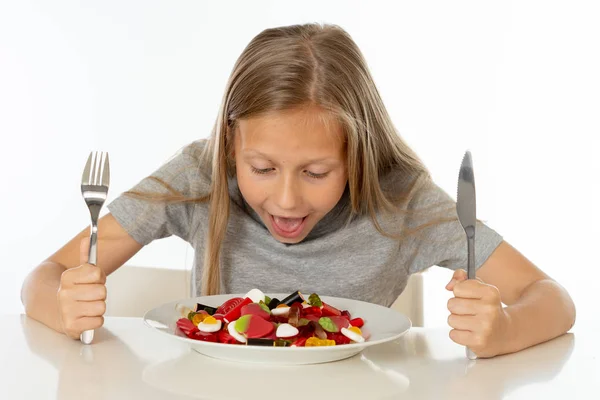 Funny Happy Girl Plate Candies Happy Little Girl Eating Big — Stock Photo, Image