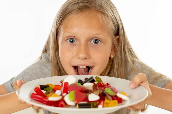 Funny Happy Girl Plate Candies Happy Little Girl Eating Big — Stock Photo, Image