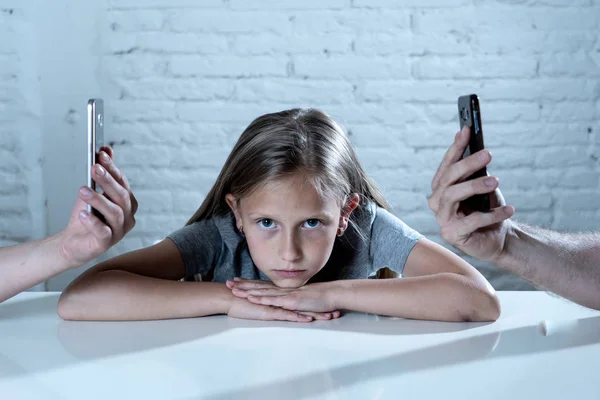 Mother Father Using Mobile Phones Neglecting Little Sad Ignored Daughter — Stock Photo, Image