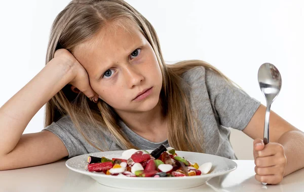 Sad Years Old Child Eating Dish Full Candies Sweet Abuse — Stock Photo, Image