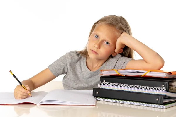 Tired Young Cute Blonde Schoolgirl Learning Difficulties Thinking Studying Education — Stock Photo, Image