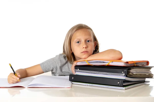 Tired Young Cute Blonde Schoolgirl Learning Difficulties Thinking Studying Education — Stock Photo, Image