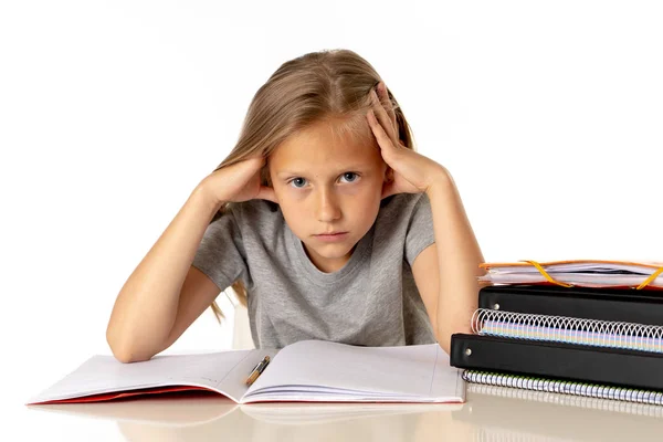 Douce Petite Écolière Tirant Ses Cheveux Désespérés Dans Stress Tout — Photo