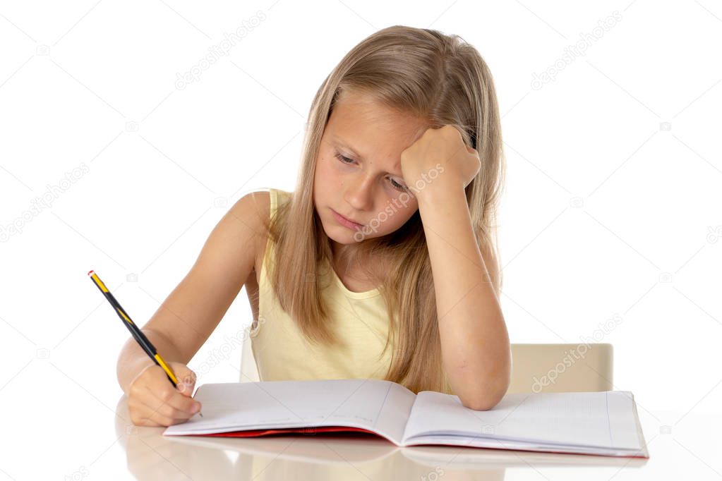 education, elementary school, childhood and emotions concept.  sad or bored little student girl studying looking frustrated with learning problems on white background