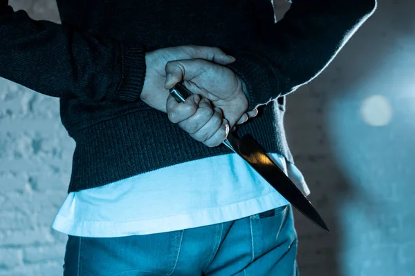 Close Man Holding Knife Dangerous Man Standing Dark London Knife — Stock Photo, Image