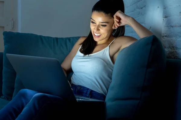 Young Attractive Hispanic Relaxed Woman Home Smiling Happy Sofa Couch — Stock Photo, Image
