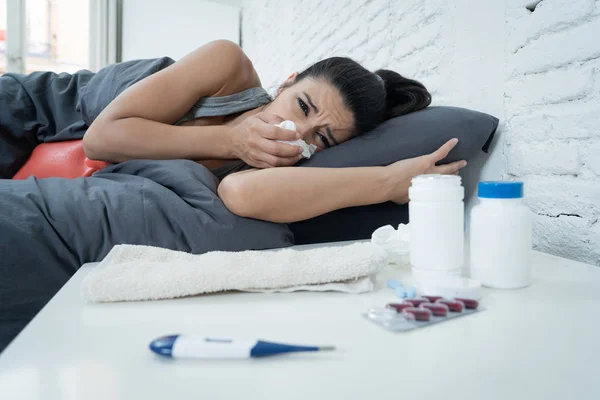 Sick Hispanic Woman Bed Calling Sick Day Work Thermometer Check — Stock Photo, Image