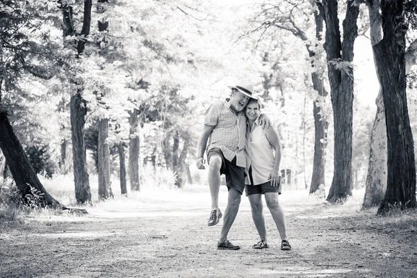 Happy Smiling Senior Couple Love Walking Having Fun Park — Stock Photo, Image