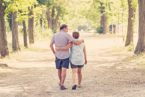 Bakifrån Lyckliga Senior Paret Älskar Promenader Och Omfamnar Parken — Stockfoto