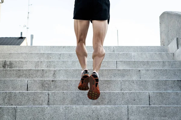 Male Legs Running Stairs City Rear View Fitness Exercising Concept — Stock Photo, Image