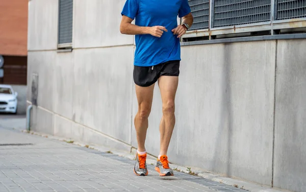 Closeup Sportsman Running Urban City Backdrop Fitness Concept Copy Space — Stock Photo, Image