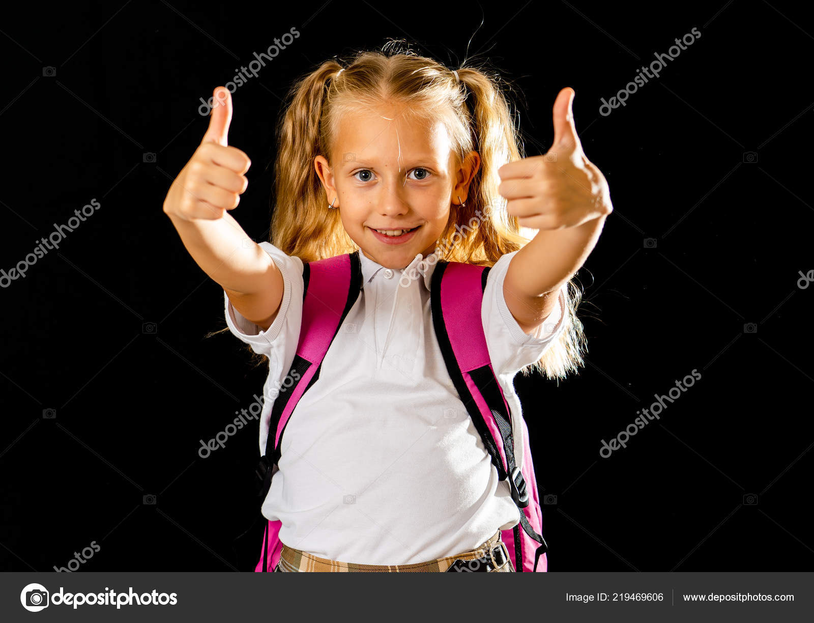 Pretty Cute Blonde Hair Girl Pink Schoolbag Looking Camera Showing