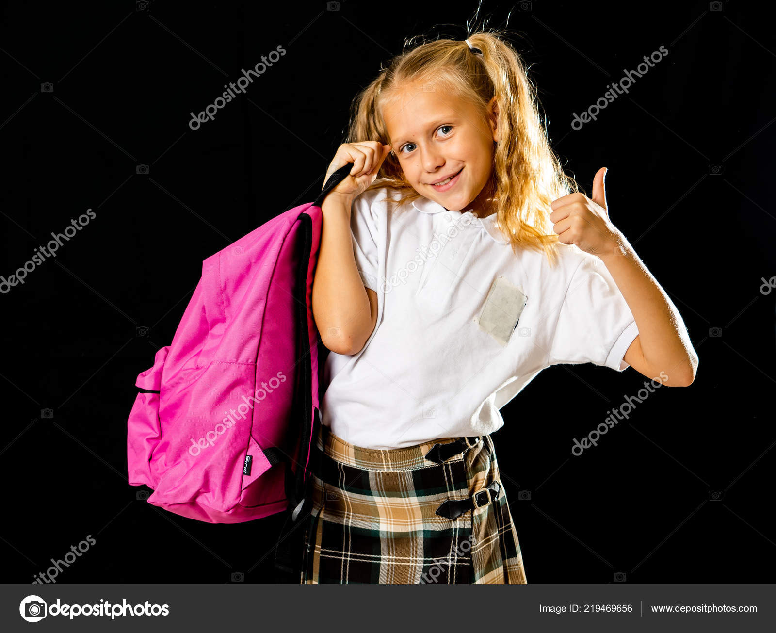 Pretty Cute Blonde Hair Girl Pink Schoolbag Looking Camera Showing
