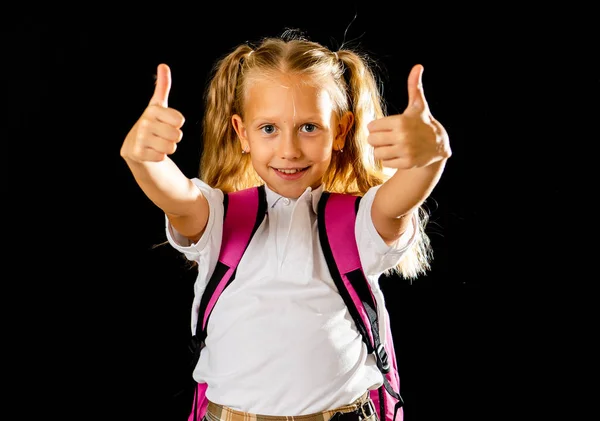 Pretty Cute Blonde Hair Girl Pink Schoolbag Looking Camera Showing — Stock Photo, Image