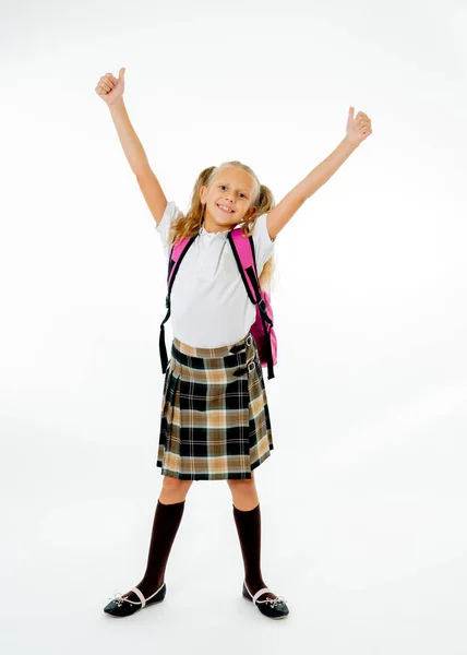 Adorable Beautiful Little Schoolgirl Big Pink Schoolbag Feeling Excited Happy — Stock Photo, Image