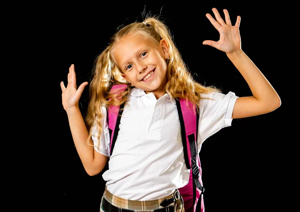 Schattige Mooie Kleine Schoolmeisje Met Grote Roze Schooltasje Gevoel Opgewonden — Stockfoto