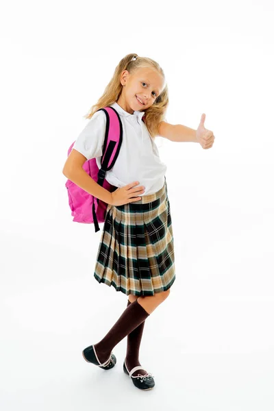 Pretty Cute Blonde Hair Girl Pink Schoolbag Looking Camera Showing — Stock Photo, Image