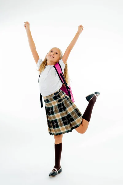 Entzückend Schöne Kleine Schulmädchen Mit Großen Rosa Schulranzen Aufgeregt Und — Stockfoto