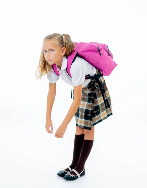 Jovem Cansado Triste Menina Escola Bonito Com Uma Grande Bolsa — Fotografia de Stock