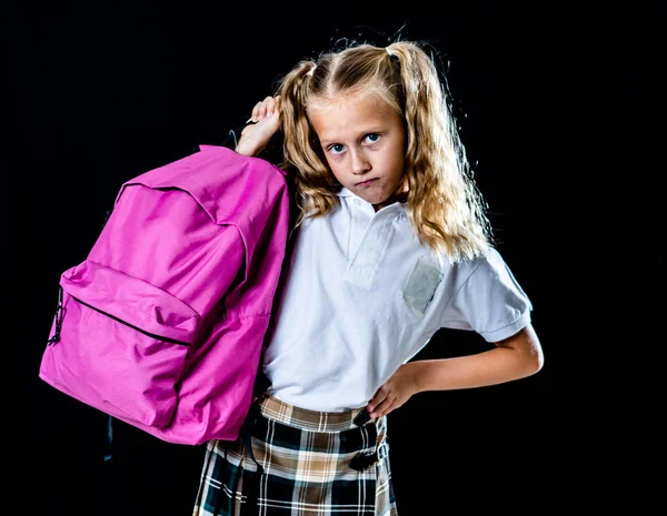 Menina Escola Infeliz Segurando Uma Grande Mochila Cheia Livros Lição — Fotografia de Stock