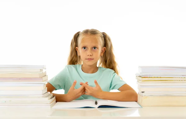 Happy Beautiful Cute Little Schoolgirl Likes Studying Reading Books — Stock Photo, Image