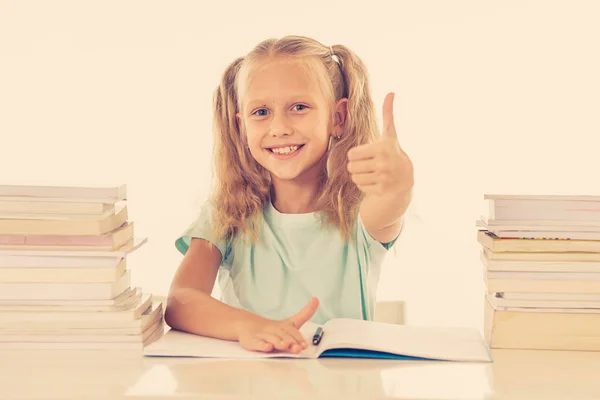 Happy Beautiful Cute Little Schoolgirl Likes Studying Reading Books — Stock Photo, Image