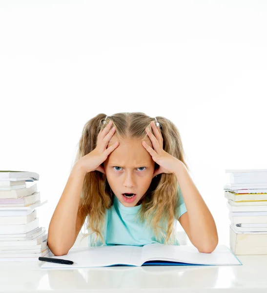 Angry Little Girl Negative Attitude Studies School Studying Too Much — Stock Photo, Image