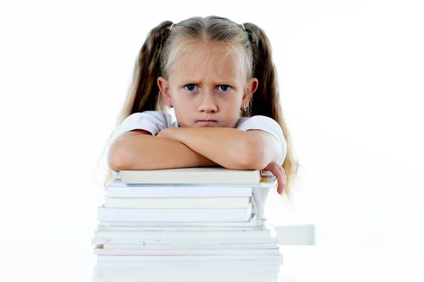 Злая Маленькая Девочка Негативным Отношением Учебе Школе После Изучения Слишком — стоковое фото