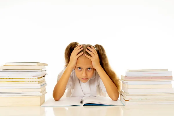 Verdrietig Moe Schattig Schoolmeisje Zit Stress Terwijl Het Doen Van — Stockfoto