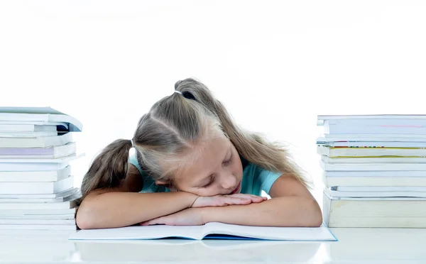 Exhausted Sweet Cute Blonde Girl Sleeping Pile Schoolbooks Studying Hard Stock Picture