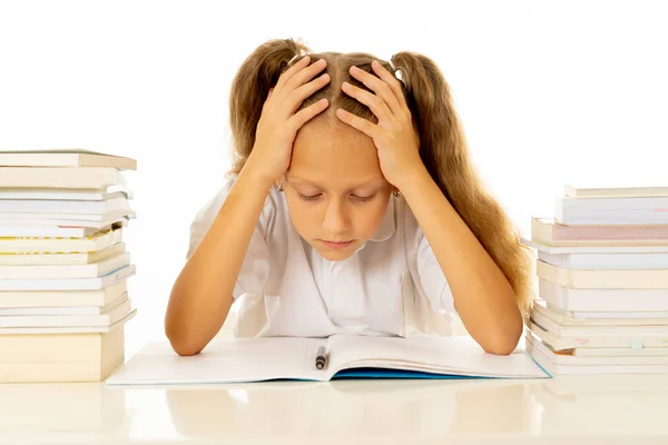 Sad Tired Cute Schoolgirl Sitting Stress While Doing Homework Overwhelm Stock Photo