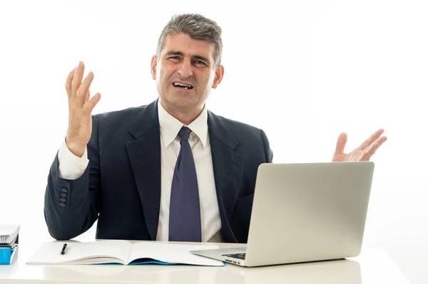 Angry Desperate Businessman Shouting Laptop Computer Paperwork Business People Stress — Stock Photo, Image