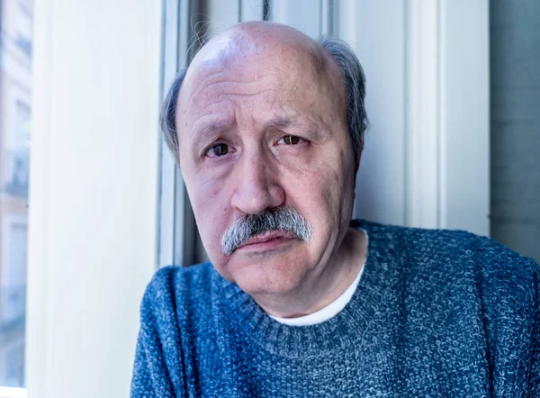 Old Senior Man Looking Throughout Window Feeling Confused Depressed Alone — Stock Photo, Image