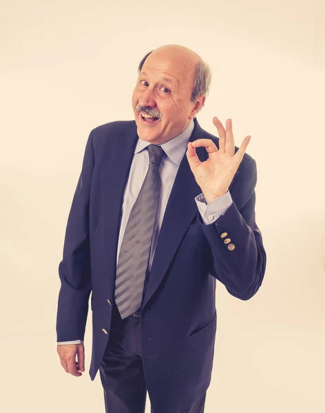 Full Body Portrait Cheerful Delighted Senior Businessman Rubbing His Hands — Stock Photo, Image