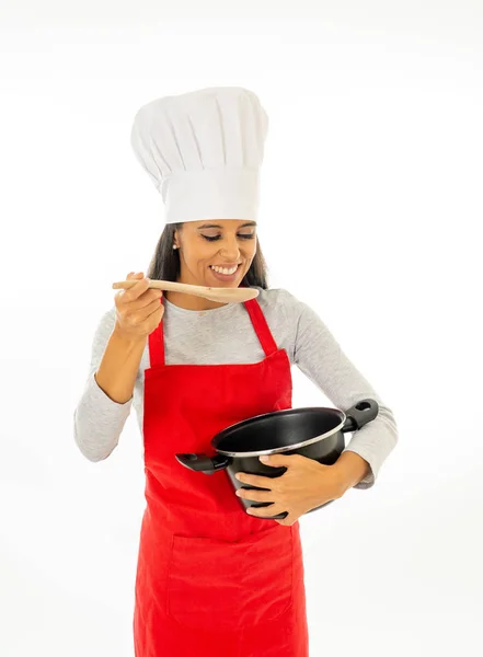 Portrait Cooking Woman Stirring Wooden Spoon Pot Making Delicious Food — Stock Photo, Image