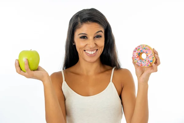 Mooie Gelukkig Jonge Vrouw Houdt Van Appel Ringdiagrammen Gezonde Ongezond — Stockfoto