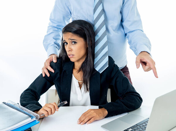 Uncomfortable scared woman being harass by her boss at office in Sexual harassment at work place, women rights, sexual abuse concept isolated in white background.
